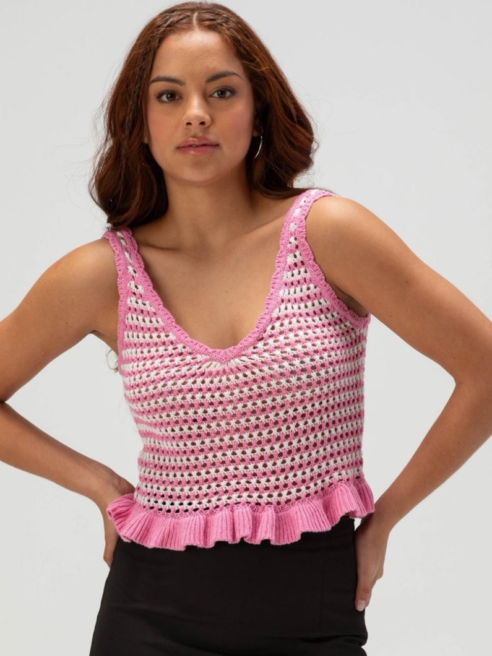 Full tilt Pink Crochet Ruffle-Hem Tank Top